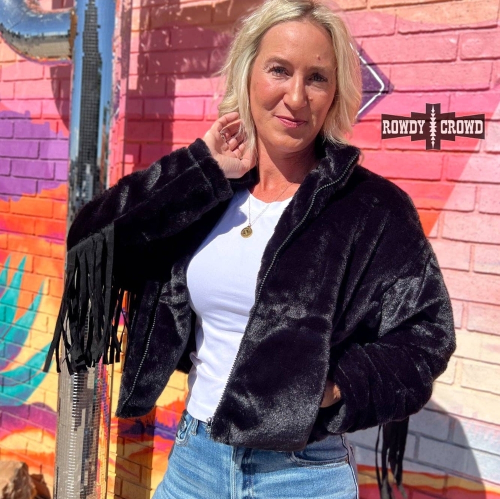 NWT Rowdy Crowd Black Western Faux Fur Teddy Fringe Jacket